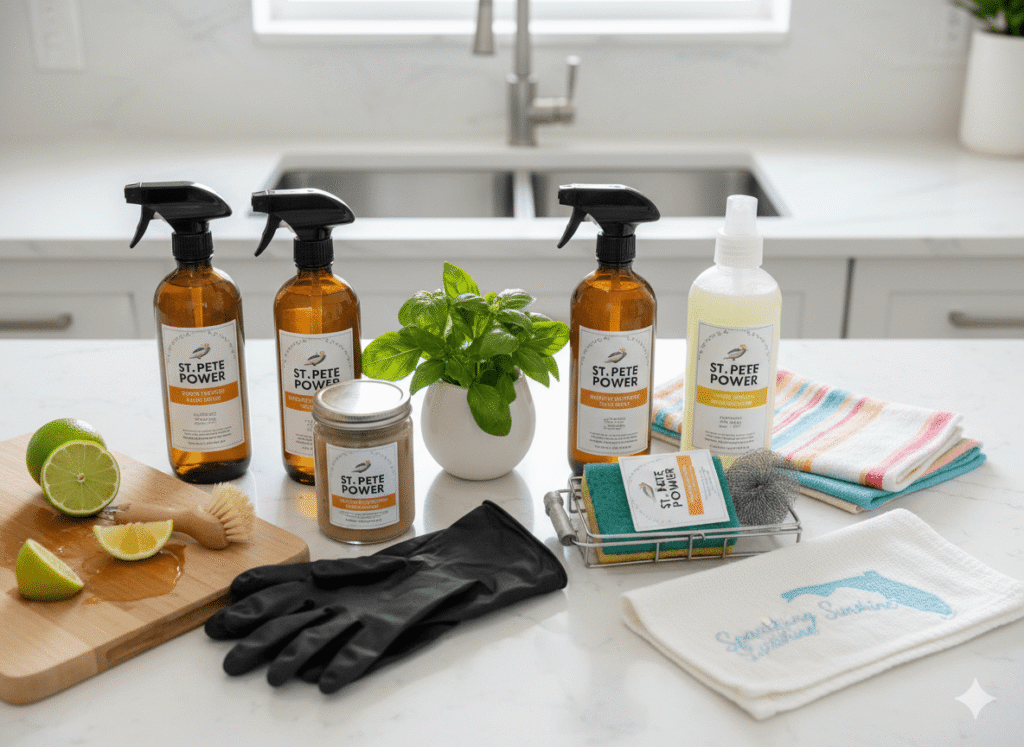 Eco-friendly cleaning supplies for tackling salt air and beach sand in St Petersburg Florida waterfront homes