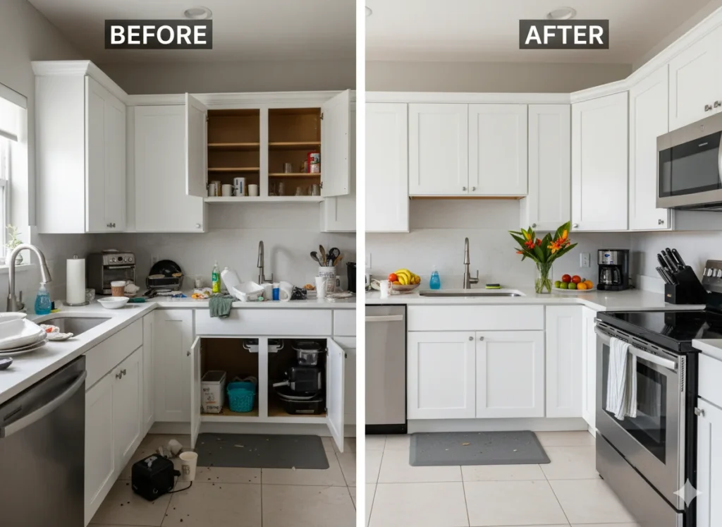 Before and after house cleaning transformation in St Petersburg FL kitchen