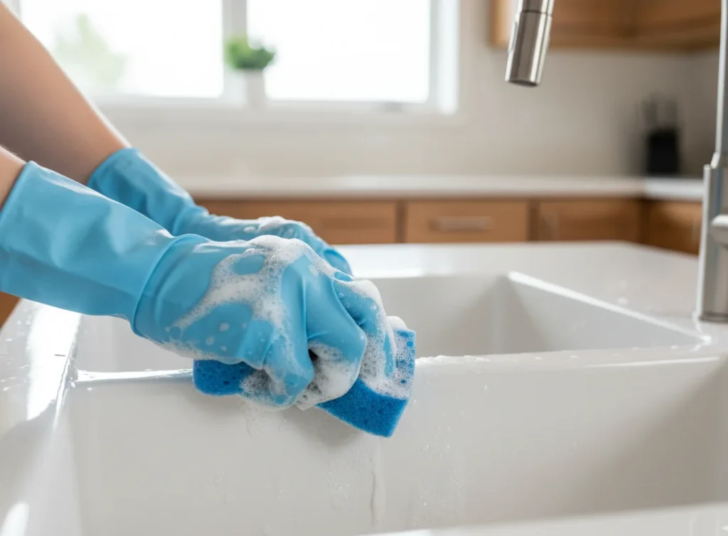 Professional kitchen cleaning service in St. Petersburg FL — sink scrubbing detail